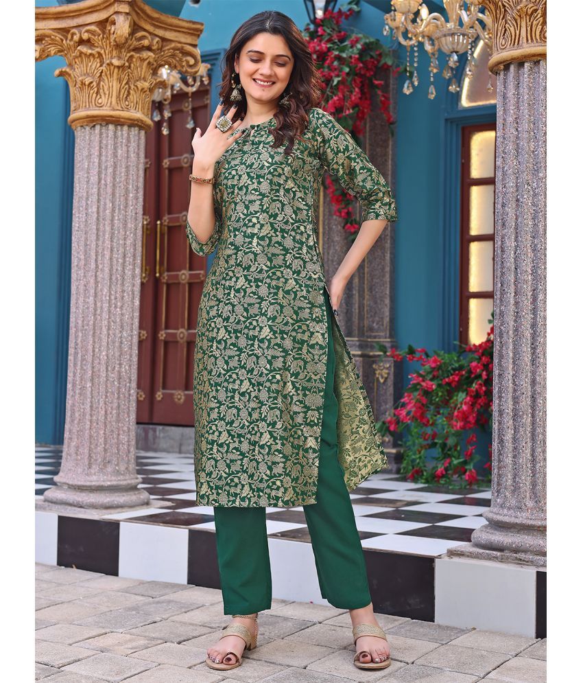     			kedar fab Silk Blend Self Design Kurti With Pants Women's Stitched Salwar Suit - Green ( Pack of 1 )