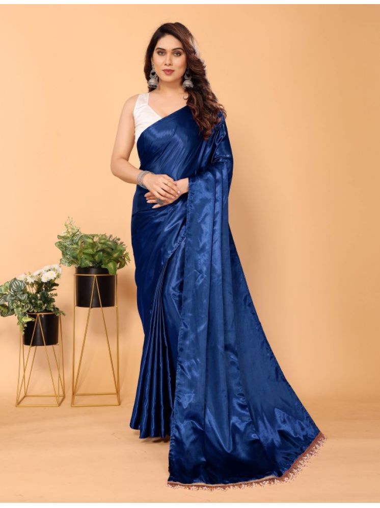     			A TO Z CART Pack of 1 Satin Solid Saree With Blouse Piece ( Navy Blue )