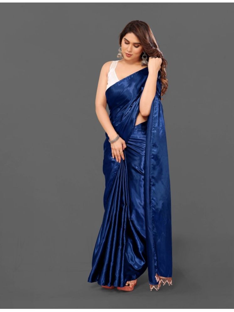     			Lady Shopi Pack of 1 Satin Solid Saree With Blouse Piece ( Navy Blue )