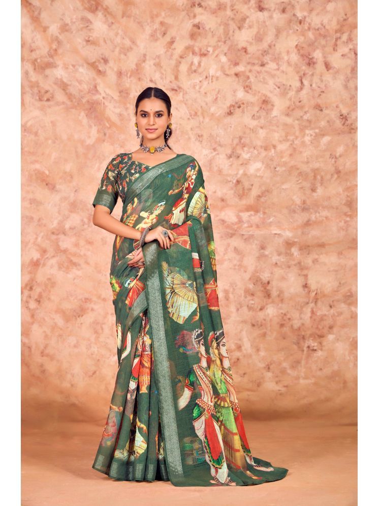     			RUDRA CREATION Pack of 1 Linen Printed Saree With Blouse Piece ( Green )