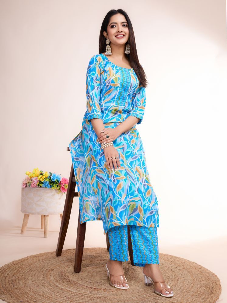     			Women Basket Cotton Blend Printed Kurti With Pants Women's Stitched Salwar Suit - Blue ( Pack of 1 )