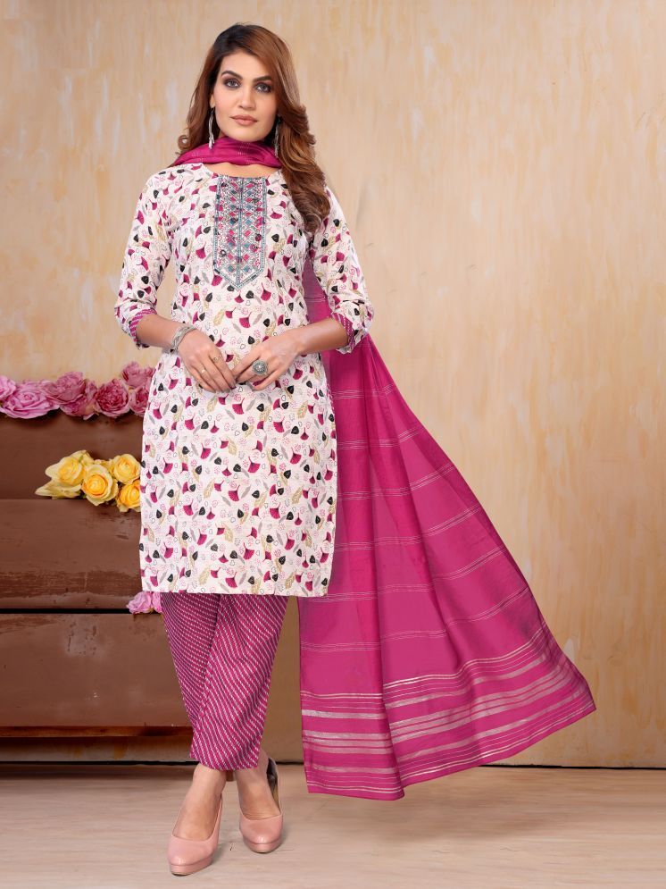     			Women Basket Cotton Blend Printed Kurti With Pants Women's Stitched Salwar Suit - Pink ( Pack of 1 )