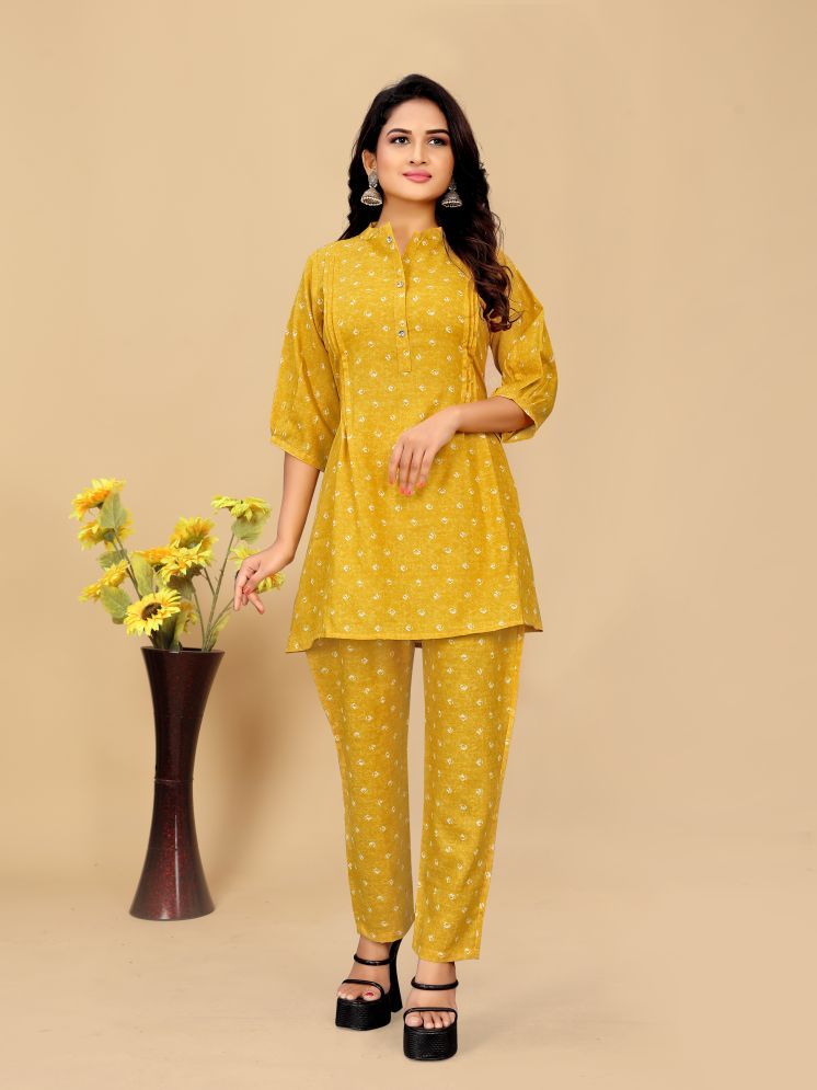     			Women Basket Cotton Blend Printed Kurti With Pants Women's Stitched Salwar Suit - Yellow ( Pack of 1 )