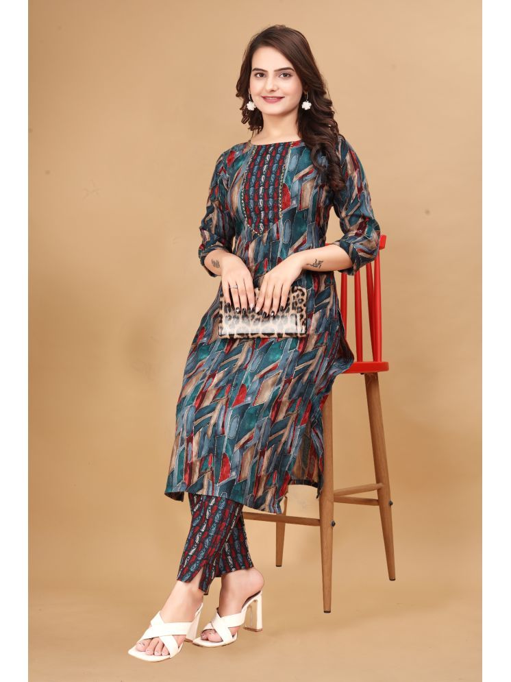     			Women Basket Cotton Blend Printed Kurti With Pants Women's Stitched Salwar Suit - Multicolor ( Pack of 1 )