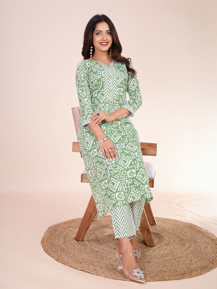     			Women Basket Cotton Blend Printed Kurti With Pants Women's Stitched Salwar Suit - Green ( Pack of 1 )