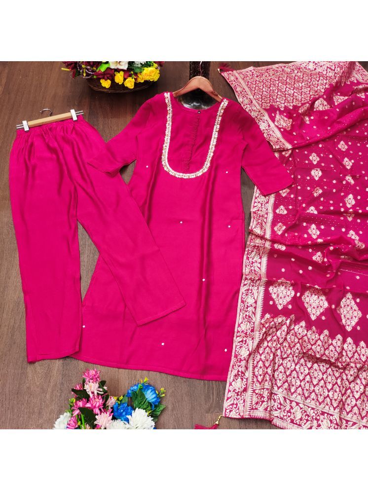     			BOUGHT FIRST Silk Blend Embellished Kurti With Pants Women's Stitched Salwar Suit - Pink ( Pack of 1 )