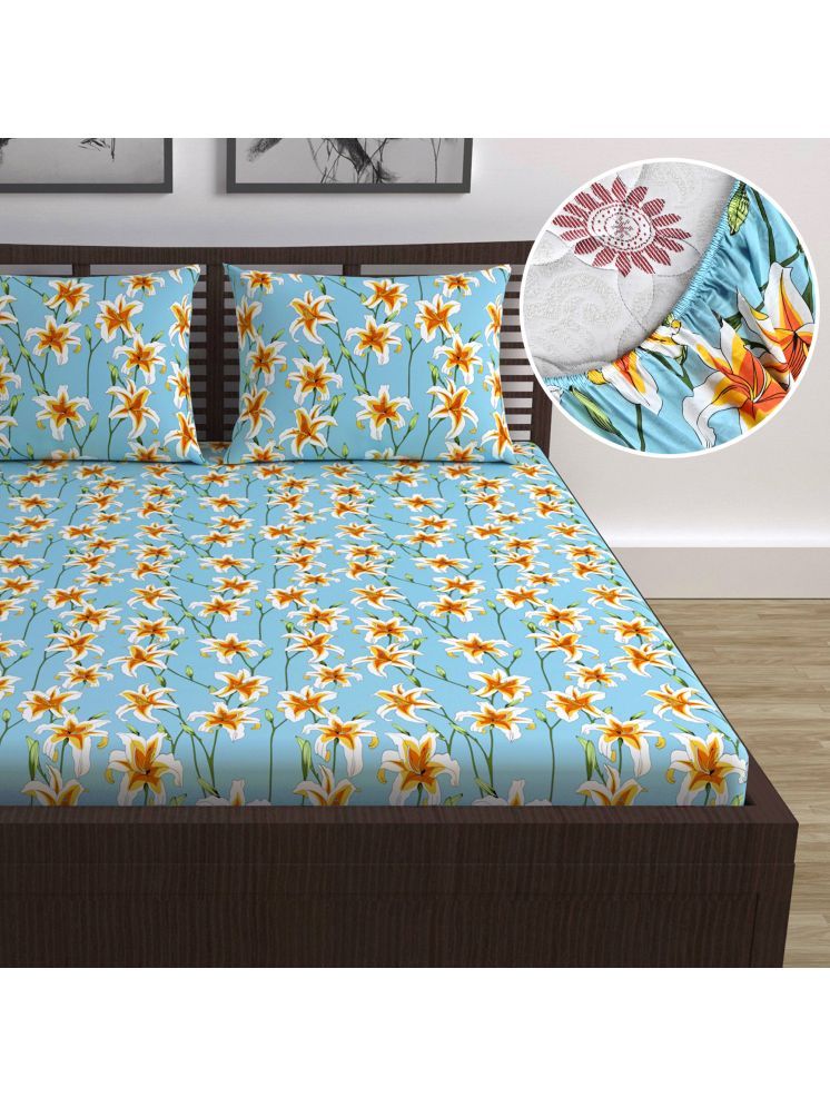     			DIVINE CASA Cotton Floral Fitted Fitted bedsheet with 2 Pillow Covers ( Double Bed ) - Sky Blue