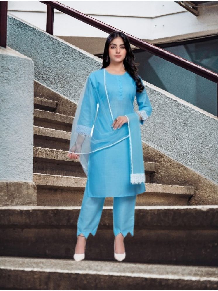     			M Enterprise Cotton Self Design Kurti With Pants Women's Stitched Salwar Suit - Light Blue ( Pack of 1 )