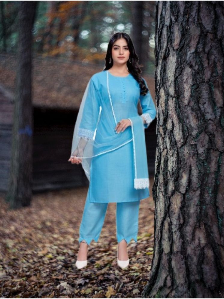     			M Enterprise Cotton Self Design Kurti With Pants Women's Stitched Salwar Suit - Light Blue ( Pack of 1 )