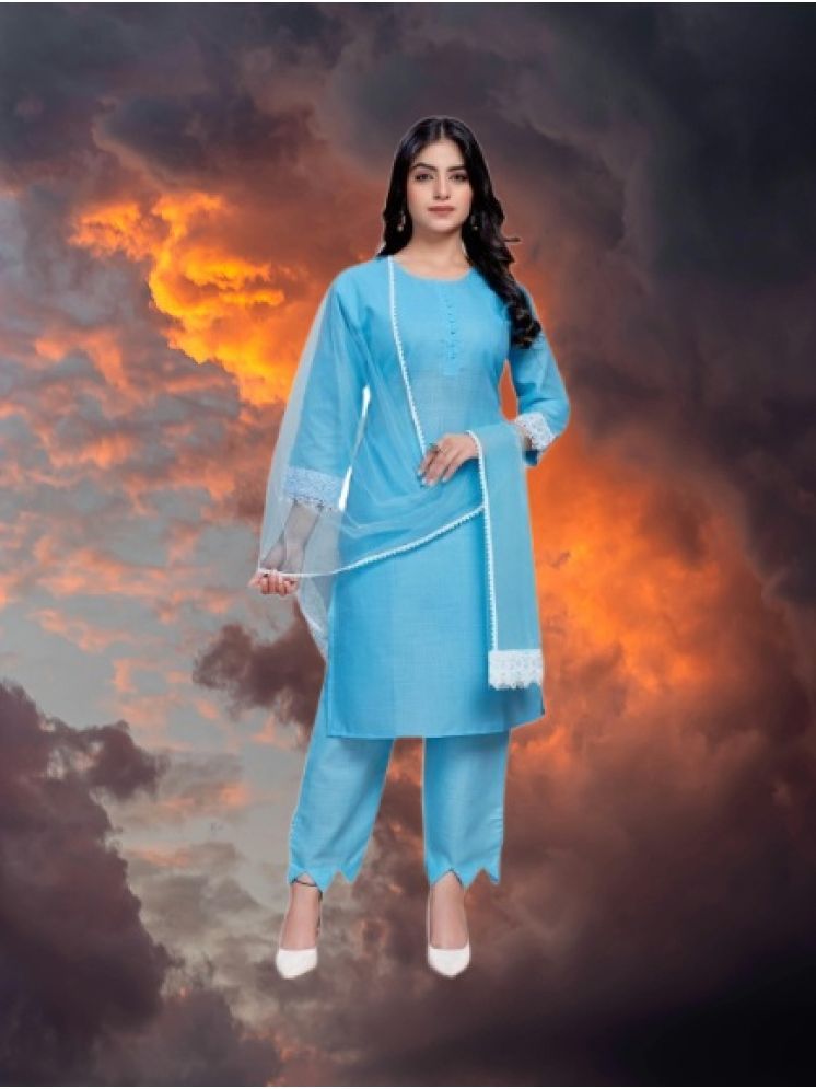     			M Enterprise Cotton Self Design Kurti With Pants Women's Stitched Salwar Suit - Light Blue ( Pack of 1 )