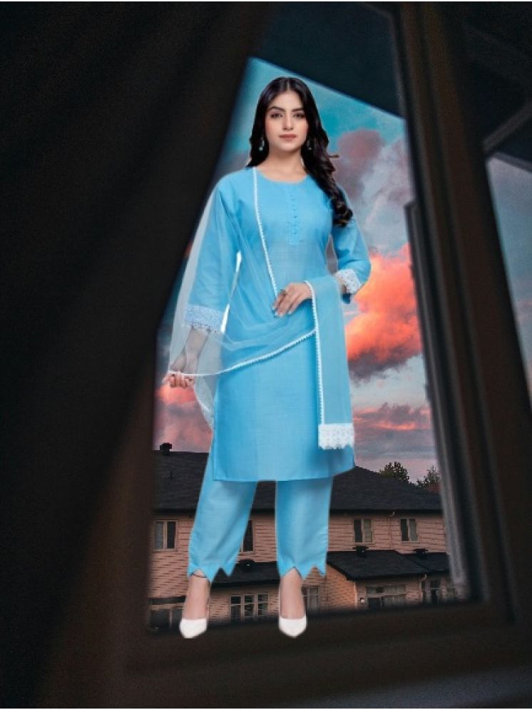     			M Enterprise Cotton Self Design Kurti With Pants Women's Stitched Salwar Suit - Light Blue ( Pack of 1 )