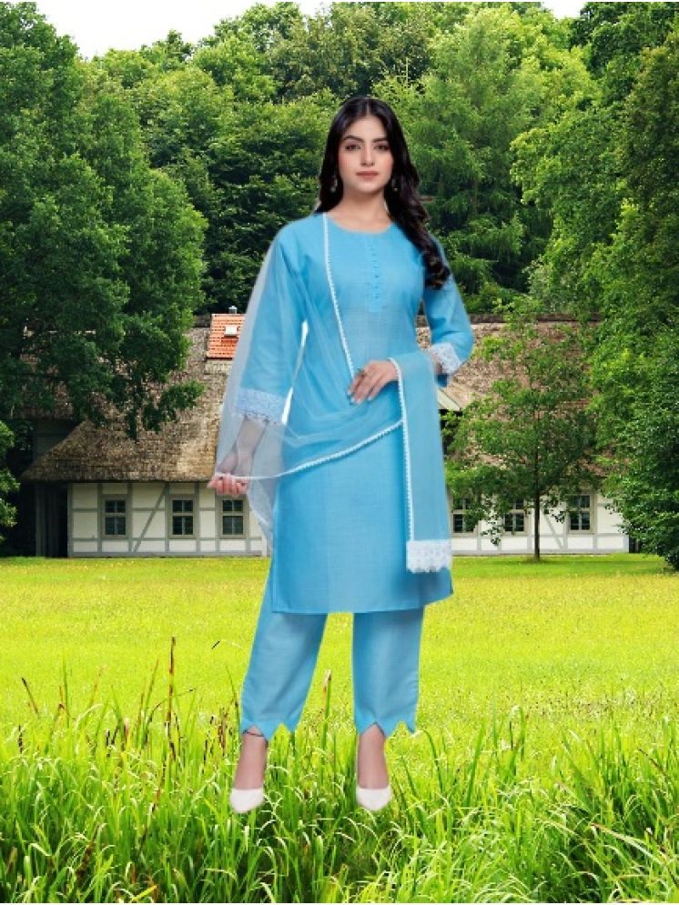     			M Enterprise Cotton Self Design Kurti With Pants Women's Stitched Salwar Suit - Light Blue ( Pack of 1 )