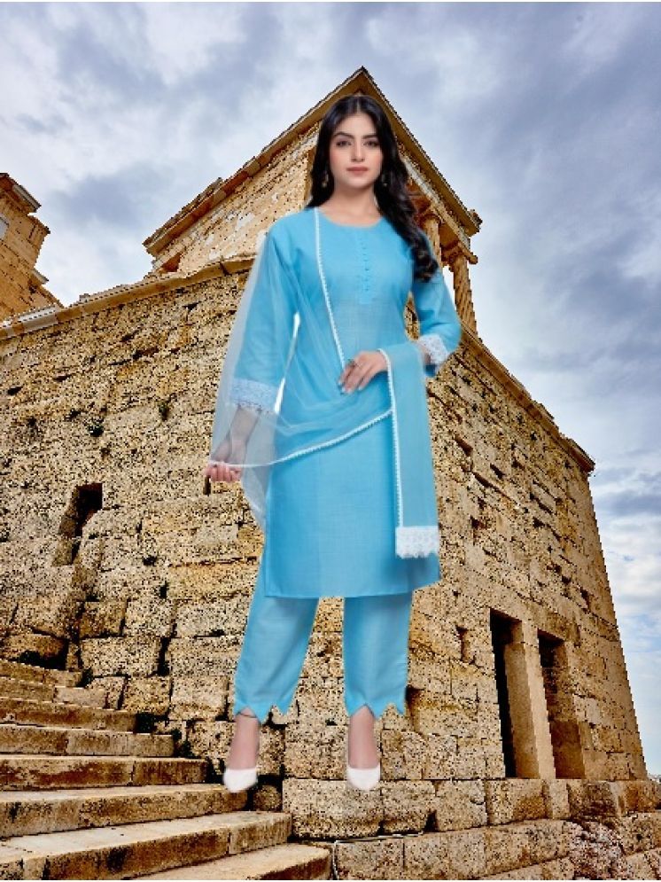     			M Enterprise Cotton Self Design Kurti With Pants Women's Stitched Salwar Suit - Light Blue ( Pack of 1 )