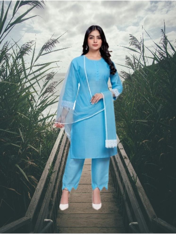     			M Enterprise Cotton Self Design Kurti With Pants Women's Stitched Salwar Suit - Light Blue ( Pack of 1 )