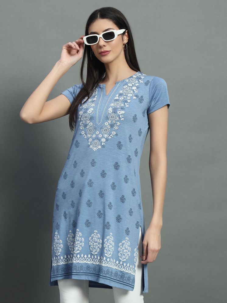     			BELLAFINO Pack of 1 Cotton Blend Printed Straight Women's Kurti - ( Blue )