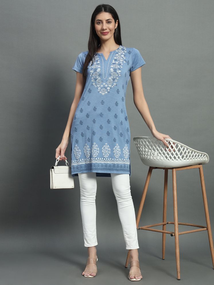     			BELLAFINO Pack of 1 Cotton Blend Printed Straight Women's Kurti - ( Blue )