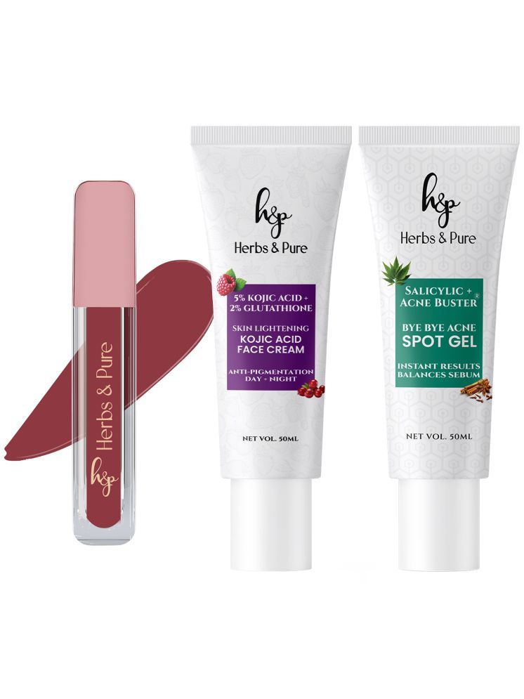     			Herbs and Pure 5% Kojic Acid + 2% Gluthathione Face Cream (50ml) for pigmentation and Bye Bye Acne Spot Gel (50ml) with Matte Waterproof Liquid Lipstick