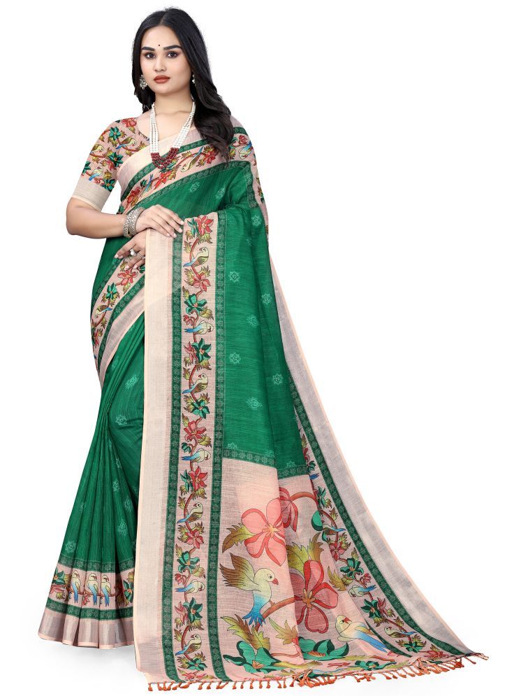     			Kalpana Creation Pack of 1 Linen Printed Saree With Blouse Piece ( Green )