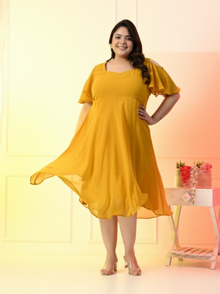     			PrettyPlus by Desinoor.com Georgette Solid Knee Length Women's Fit & Flare Dress - Mustard ( Pack of 1 )