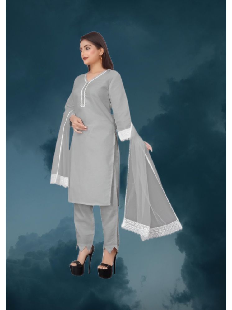     			RUTSH CREATION Cotton Self Design Kurti With Pants Women's Stitched Salwar Suit - Light Grey ( Pack of 1 )