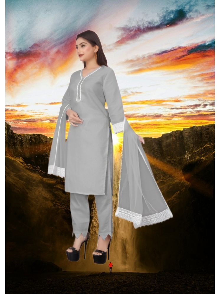     			RUTSH CREATION Cotton Self Design Kurti With Pants Women's Stitched Salwar Suit - Light Grey ( Pack of 1 )