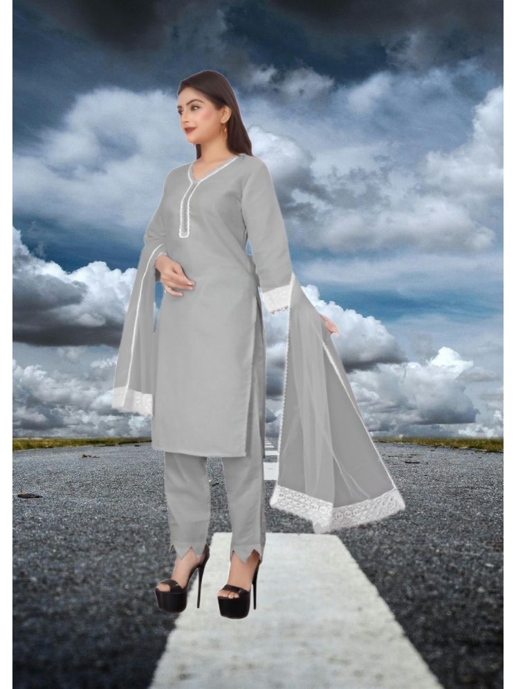     			RUTSH CREATION Cotton Self Design Kurti With Pants Women's Stitched Salwar Suit - Light Grey ( Pack of 1 )