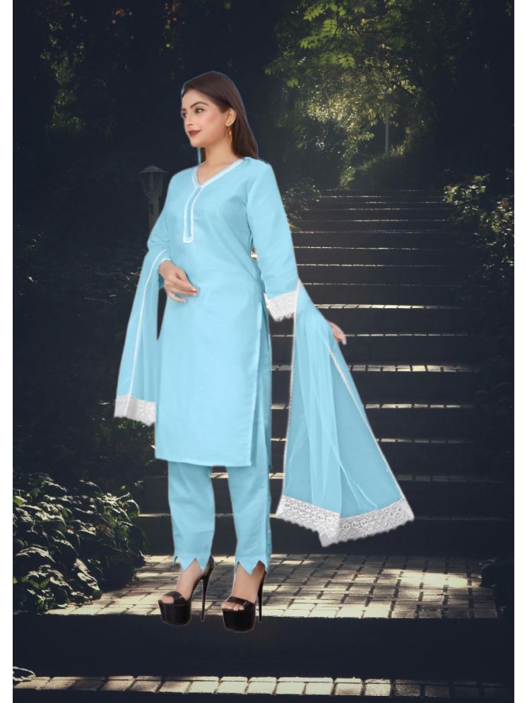     			RUTSH CREATION Cotton Self Design Kurti With Pants Women's Stitched Salwar Suit - Light Blue ( Pack of 1 )