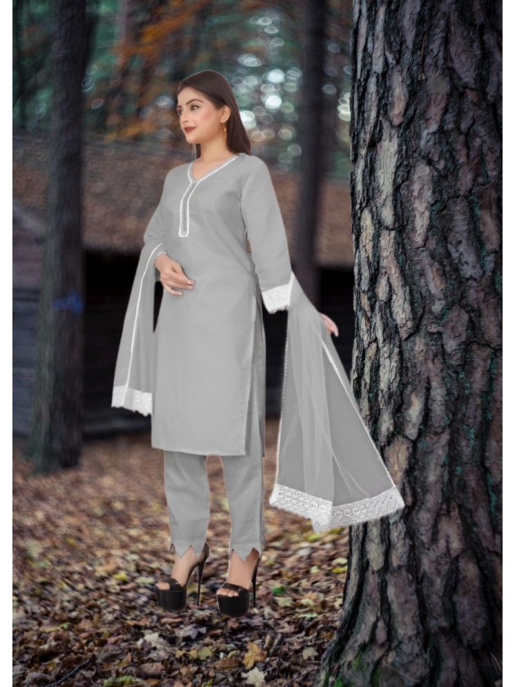     			RUTSH CREATION Cotton Self Design Kurti With Pants Women's Stitched Salwar Suit - Light Grey ( Pack of 1 )