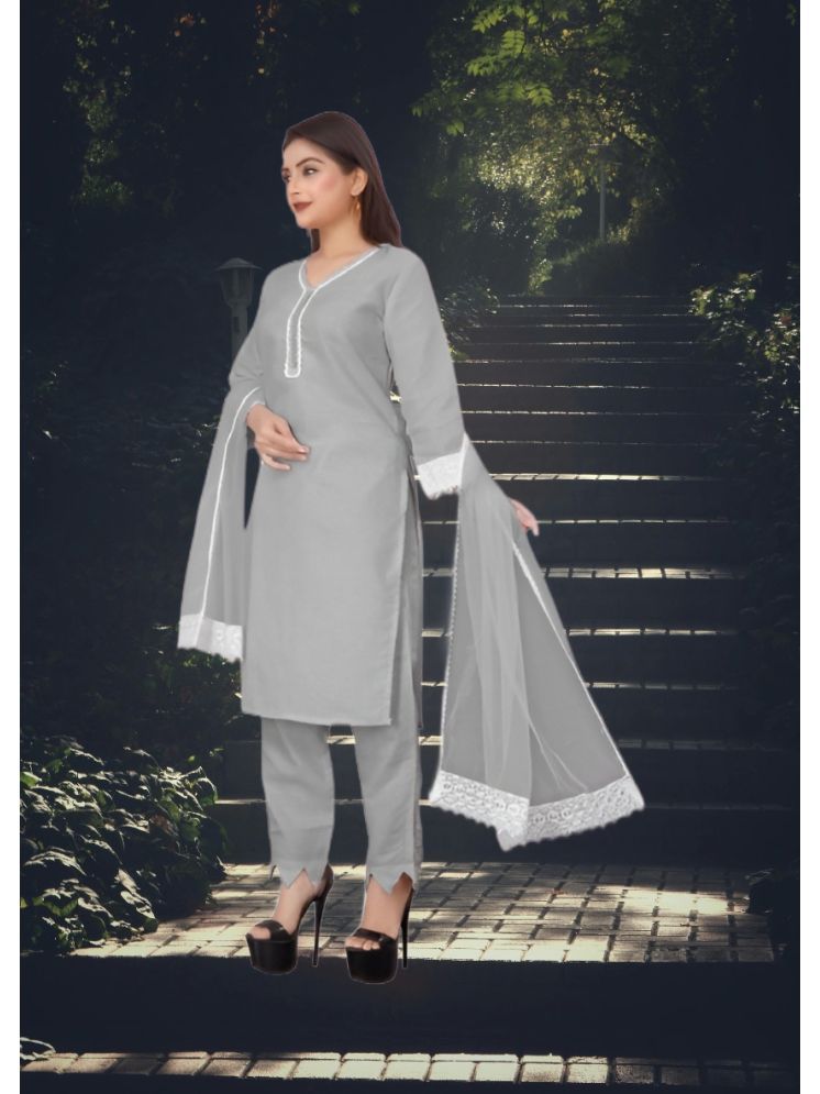     			RUTSH CREATION Cotton Self Design Kurti With Pants Women's Stitched Salwar Suit - Light Grey ( Pack of 1 )