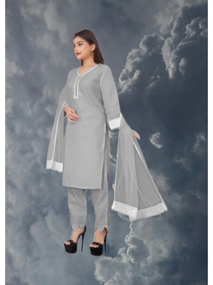     			RUTSH CREATION Cotton Self Design Kurti With Pants Women's Stitched Salwar Suit - Light Grey ( Pack of 1 )