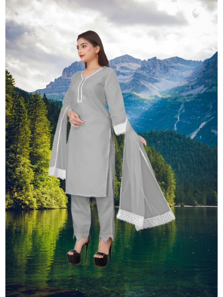     			RUTSH CREATION Cotton Self Design Kurti With Pants Women's Stitched Salwar Suit - Light Grey ( Pack of 1 )