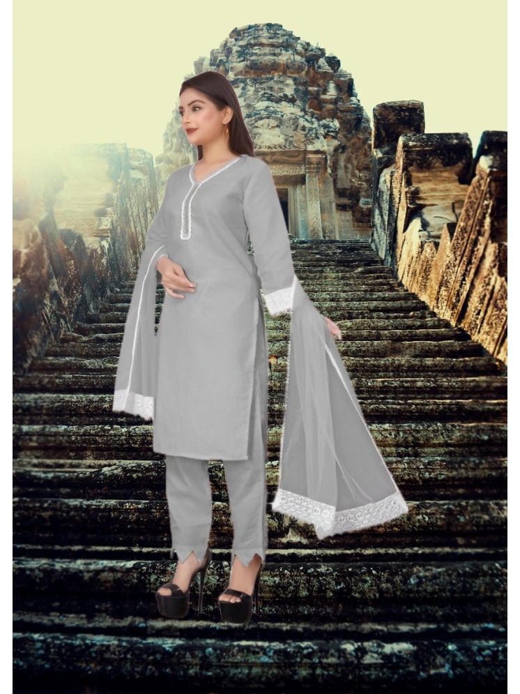     			RUTSH CREATION Cotton Self Design Kurti With Pants Women's Stitched Salwar Suit - Light Grey ( Pack of 1 )