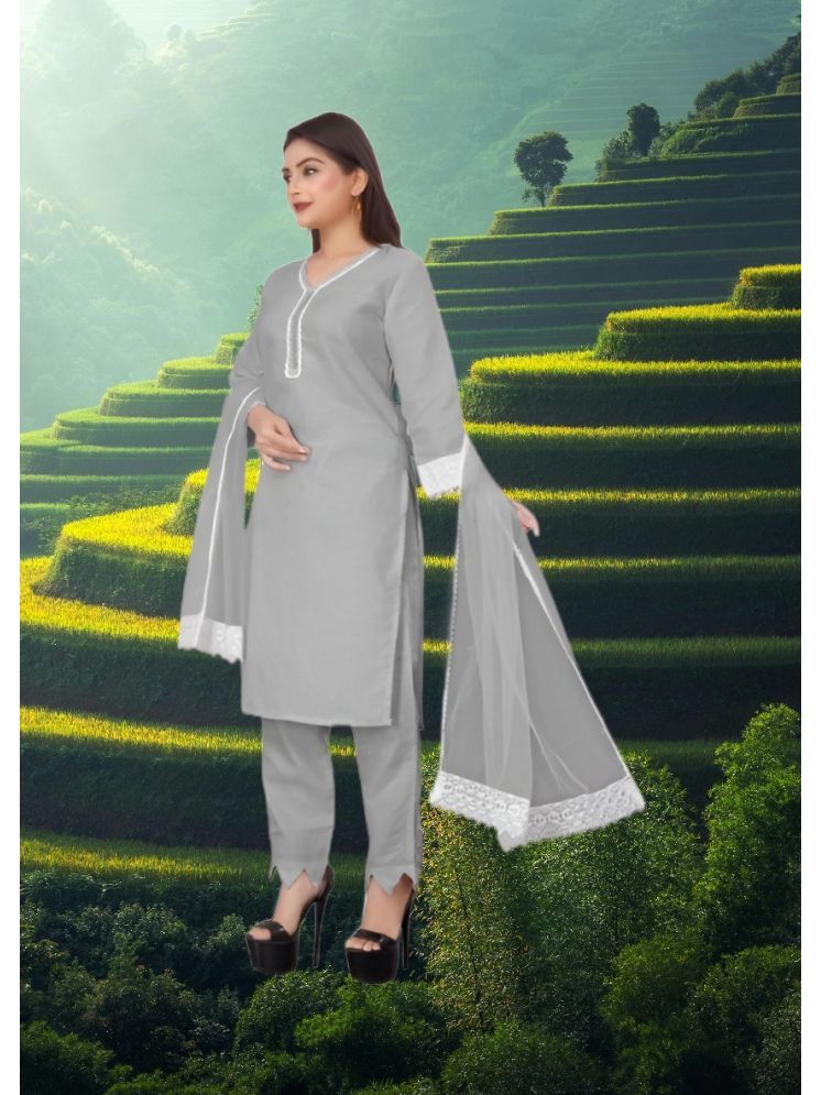     			RUTSH CREATION Cotton Self Design Kurti With Pants Women's Stitched Salwar Suit - Light Grey ( Pack of 1 )