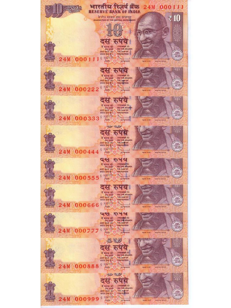     			Super Rare 10 Rupee Old Issue 000111-000999 Number 9 UNC Notes Set Signed By D Subbrao