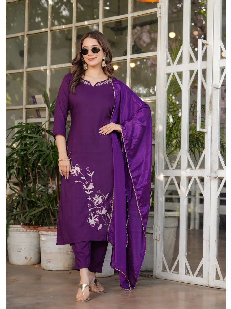     			Vividvibe Viscose Embroidered Kurti With Pants Women's Stitched Salwar Suit - Purple ( Pack of 1 )