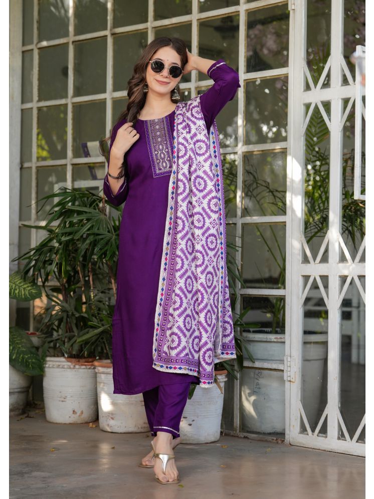     			Vividvibe Viscose Embroidered Kurti With Pants Women's Stitched Salwar Suit - Purple ( Pack of 1 )