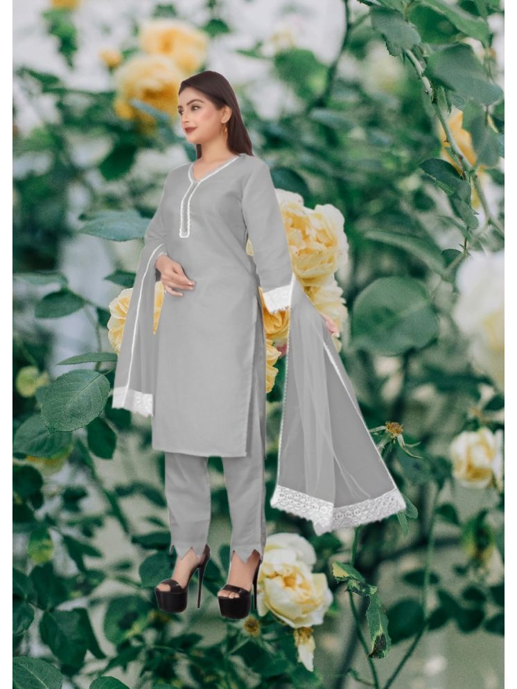     			RUTSH CREATION Cotton Self Design Kurti With Pants Women's Stitched Salwar Suit - Light Grey ( Pack of 1 )