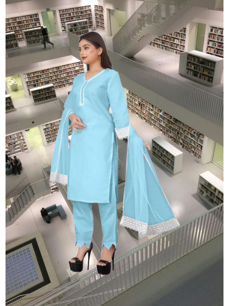     			RUTSH CREATION Cotton Self Design Kurti With Pants Women's Stitched Salwar Suit - Light Blue ( Pack of 1 )