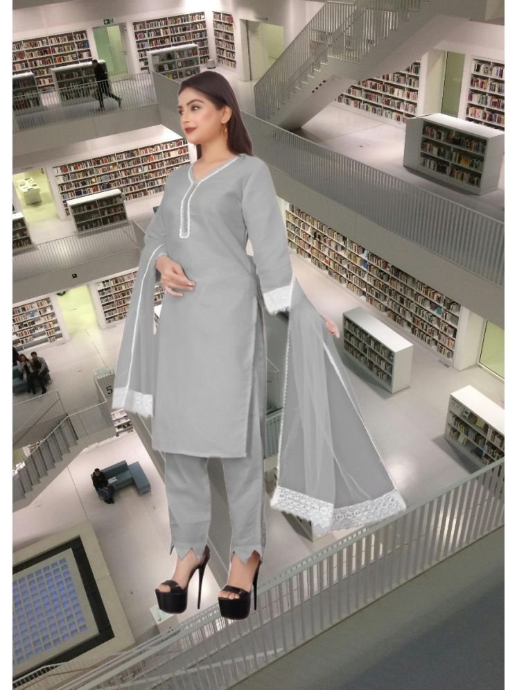     			RUTSH CREATION Cotton Self Design Kurti With Pants Women's Stitched Salwar Suit - Light Grey ( Pack of 1 )