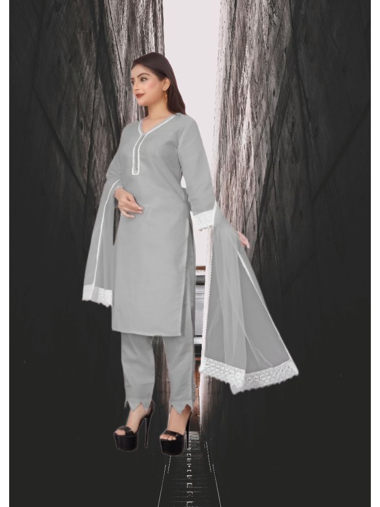     			RUTSH CREATION Cotton Self Design Kurti With Pants Women's Stitched Salwar Suit - Light Grey ( Pack of 1 )