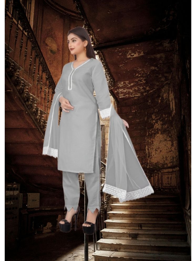     			RUTSH CREATION Cotton Self Design Kurti With Pants Women's Stitched Salwar Suit - Light Grey ( Pack of 1 )