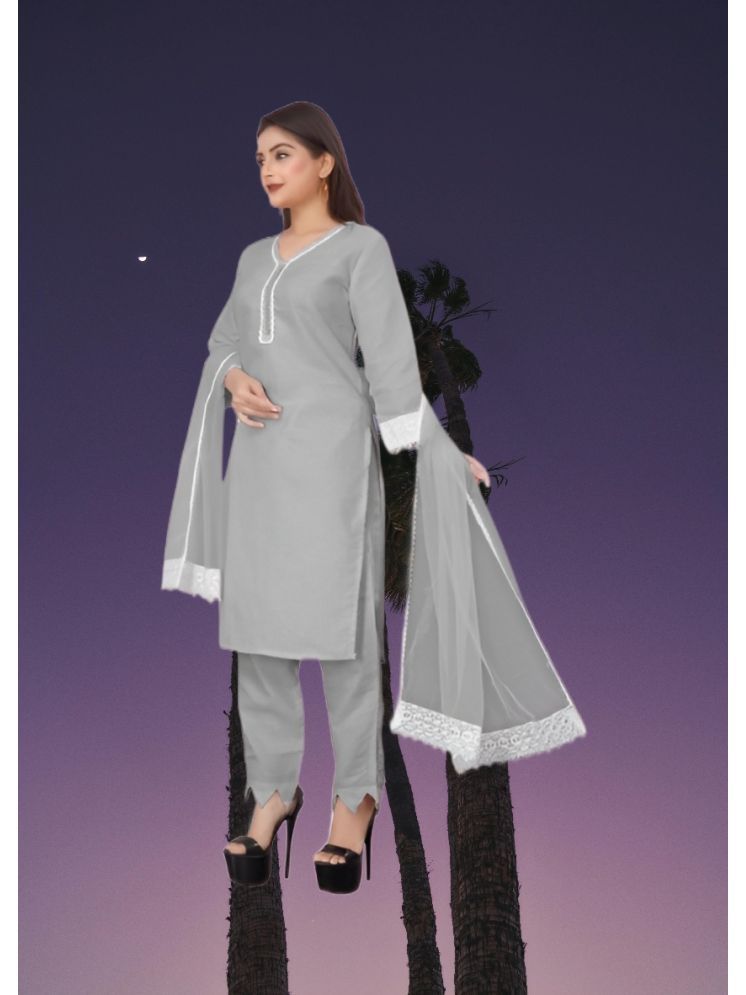     			RUTSH CREATION Cotton Self Design Kurti With Pants Women's Stitched Salwar Suit - Light Grey ( Pack of 1 )