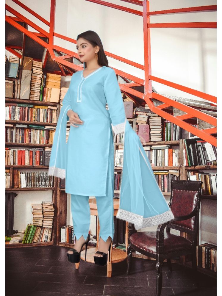     			RUTSH CREATION Cotton Self Design Kurti With Pants Women's Stitched Salwar Suit - Light Blue ( Pack of 1 )