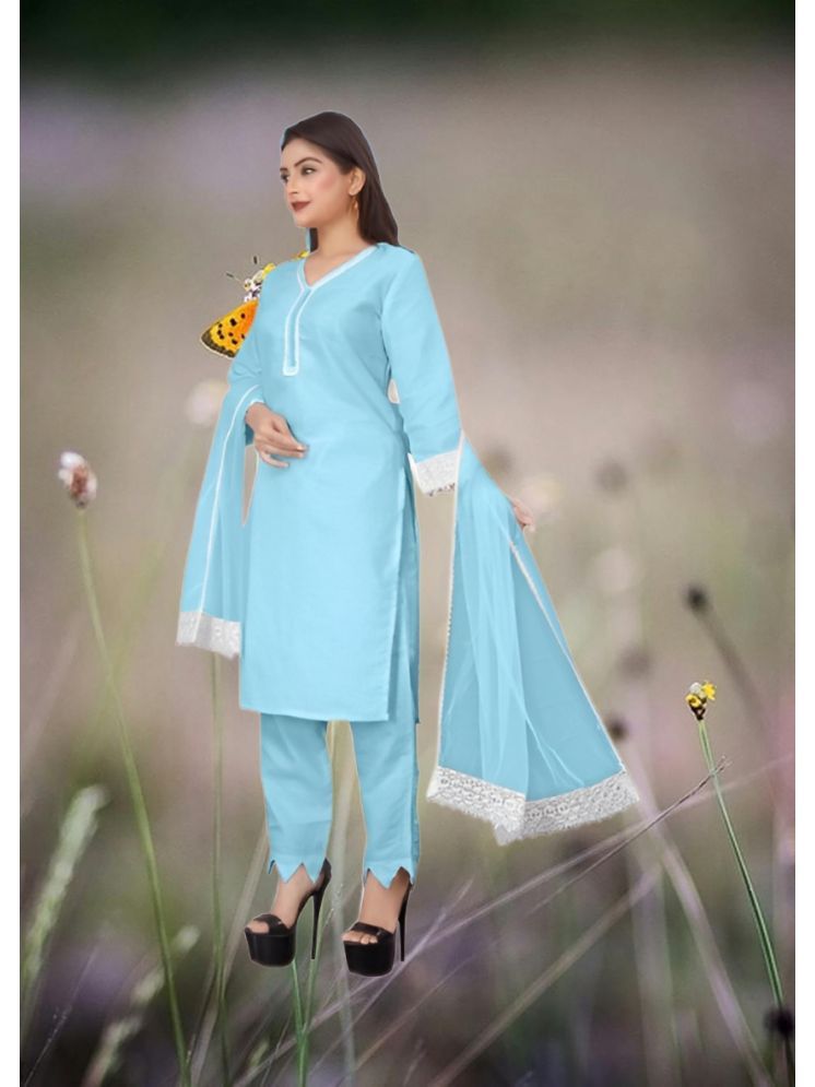     			RUTSH CREATION Cotton Self Design Kurti With Pants Women's Stitched Salwar Suit - Light Blue ( Pack of 1 )