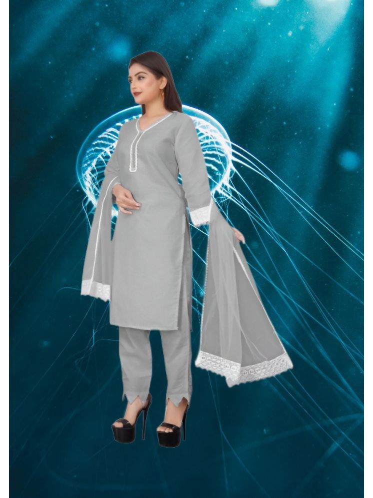     			RUTSH CREATION Cotton Self Design Kurti With Pants Women's Stitched Salwar Suit - Light Grey ( Pack of 1 )