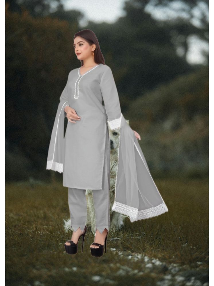     			RUTSH CREATION Cotton Self Design Kurti With Pants Women's Stitched Salwar Suit - Light Grey ( Pack of 1 )