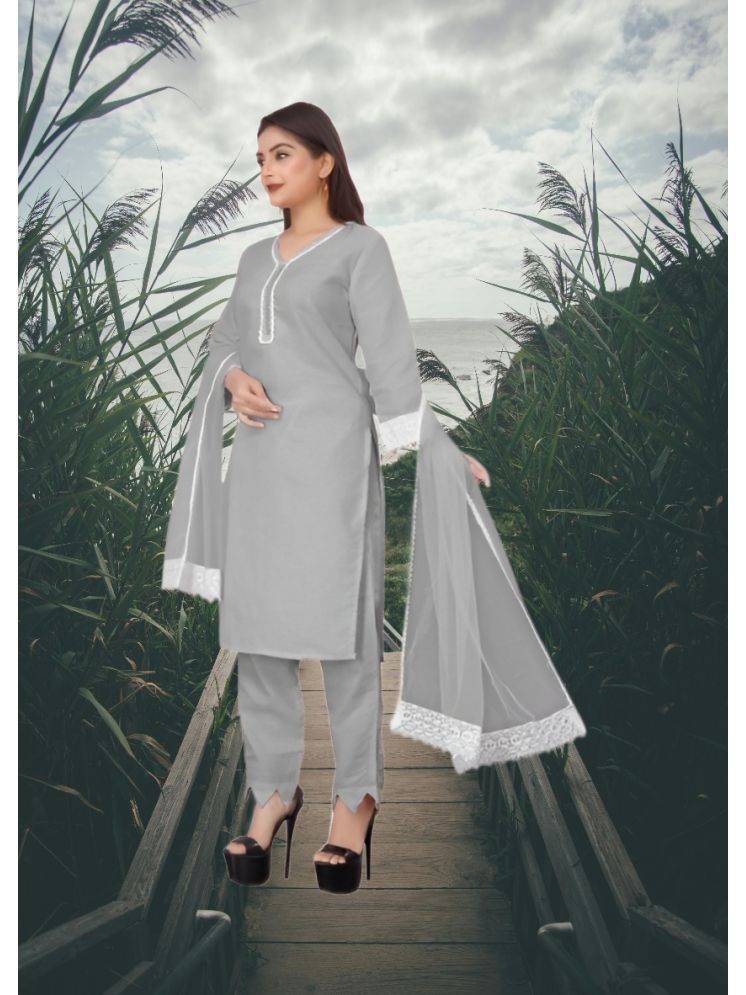     			RUTSH CREATION Cotton Self Design Kurti With Pants Women's Stitched Salwar Suit - Light Grey ( Pack of 1 )