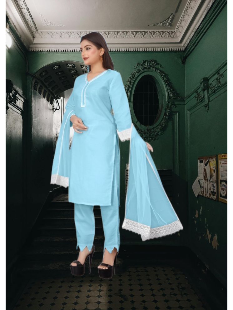     			RUTSH CREATION Cotton Self Design Kurti With Pants Women's Stitched Salwar Suit - Light Blue ( Pack of 1 )