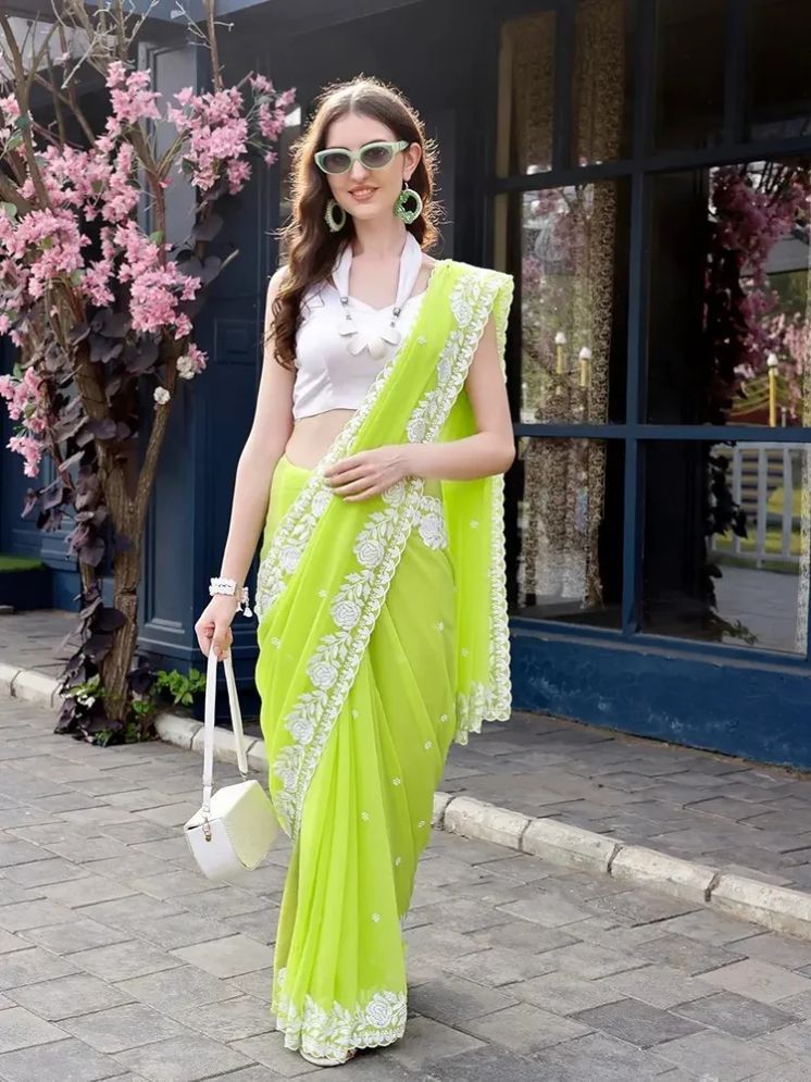     			BLEESBURY Pack of 1 Georgette Embroidered Saree With Blouse Piece ( Lime Green )