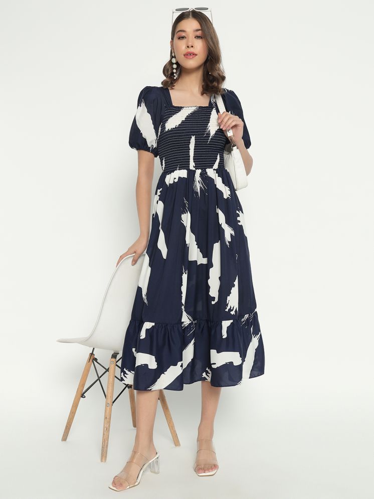     			RAIYANI FASHION Polyester Printed Calf-Length Women's Fit & Flare Dress - Navy Blue ( Pack of 1 )